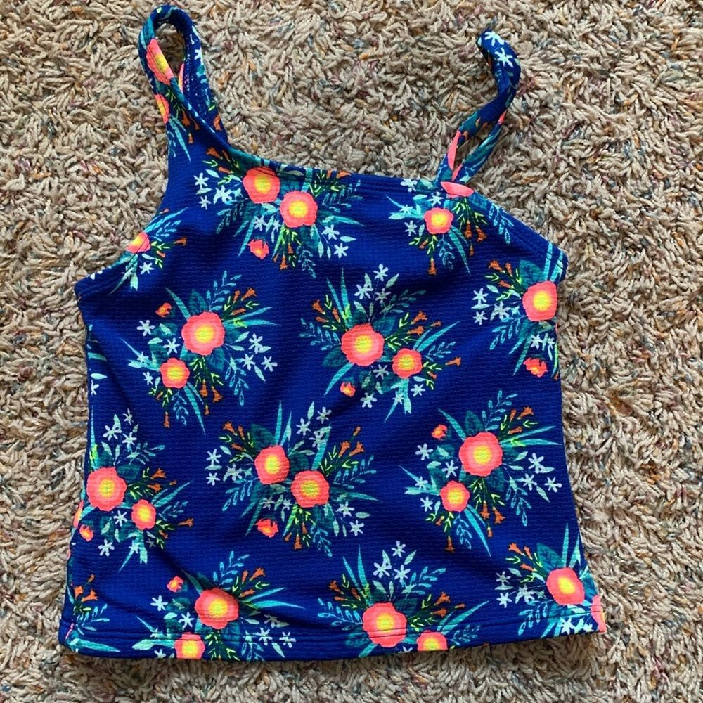 Cat & Jack Girls Bright Neon Floral Asymmetrical Swimsuit Tankini Tank Top
